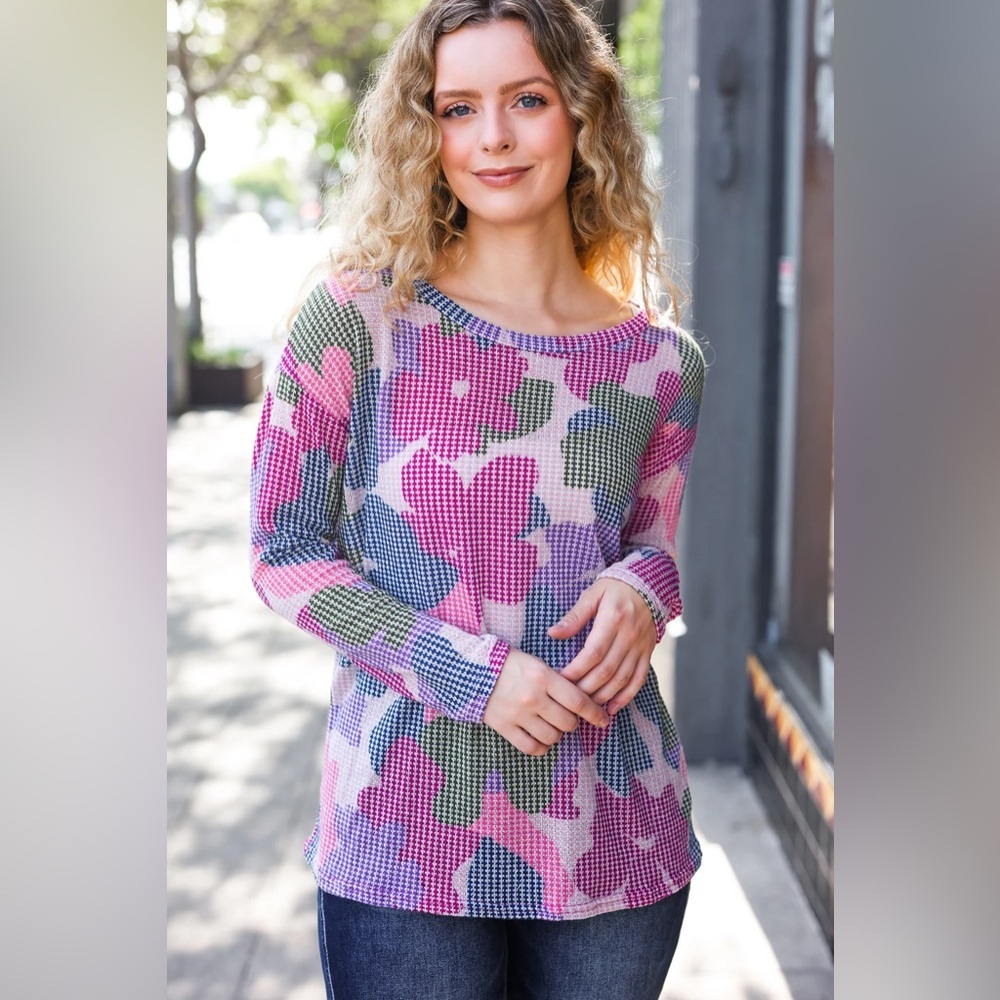 Beautiful You Magenta Floral Vintage Two Tone Knit Top